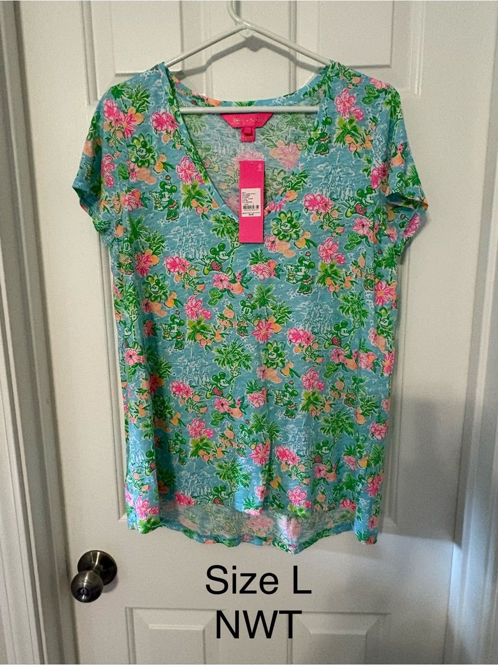 Lilly Pulitzer Aqua Floral V-Neck Tee with Pink & Green Accents